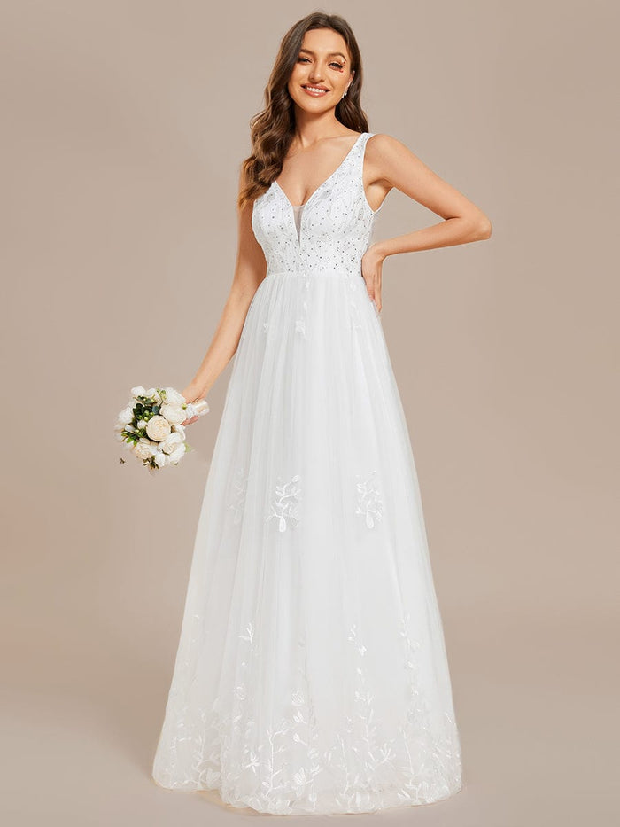 Sleeveless V-Neck A Line Wedding Dress with Embroidery | Elegant and ...