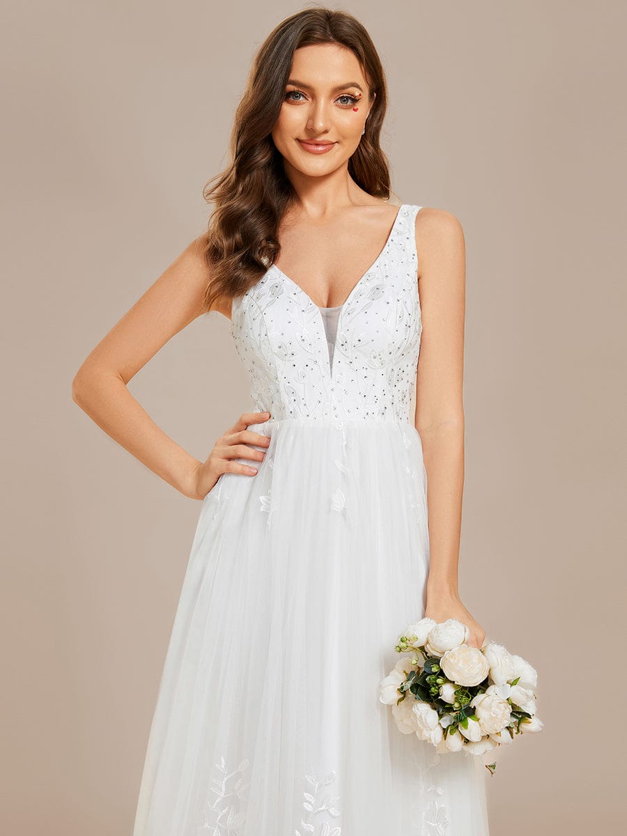 Sleeveless V-Neck A Line Embroidered Wedding Dress #color_White