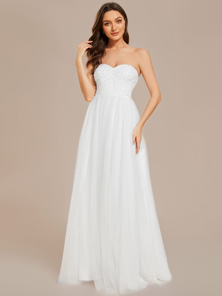 Pearl-Adorned Strapless Tulle Floor-Length Wedding Dress #Color_White