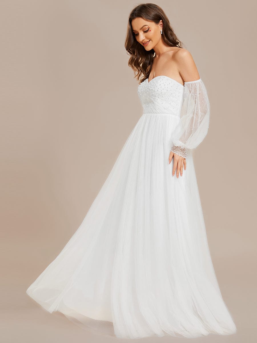 Pearl-Adorned Strapless Tulle Floor-Length Wedding Dress #Color_White