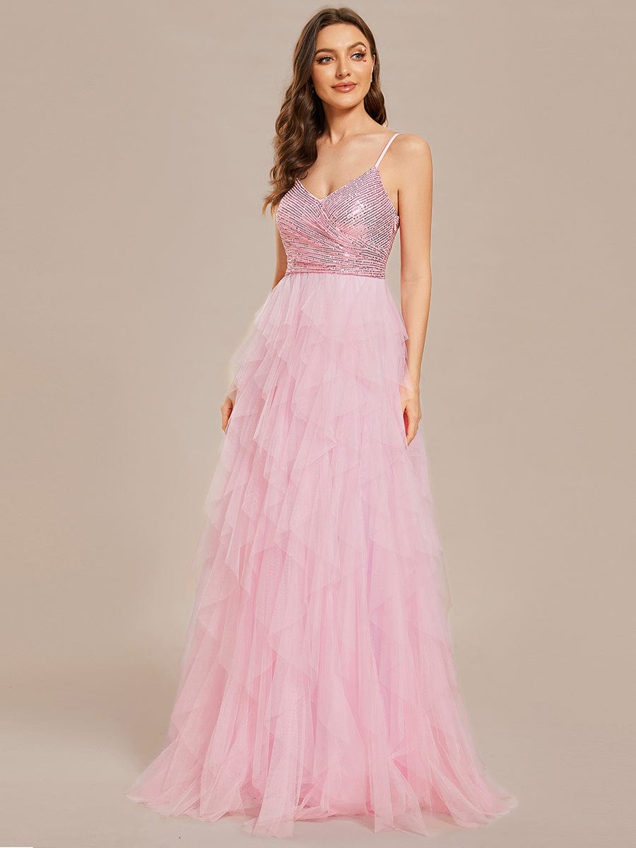 Sparkling V-Neck Spaghetti Straps Tulle Wedding Dress #color_Pink