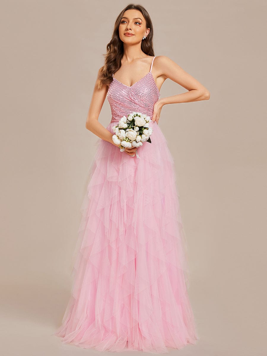 Sparkling V-Neck Spaghetti Straps Tulle Wedding Dress #color_Pink