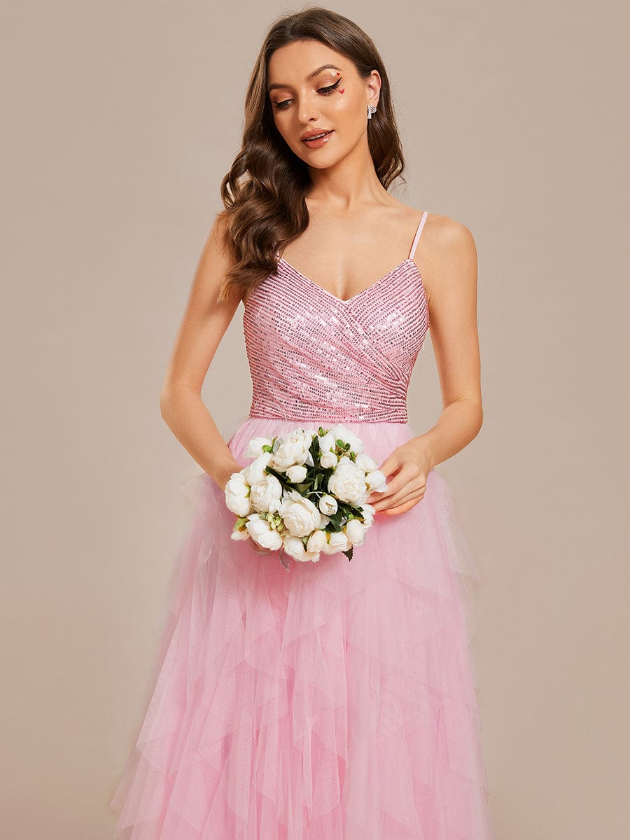 Sparkling V-Neck Spaghetti Straps Tulle Wedding Dress #color_Pink