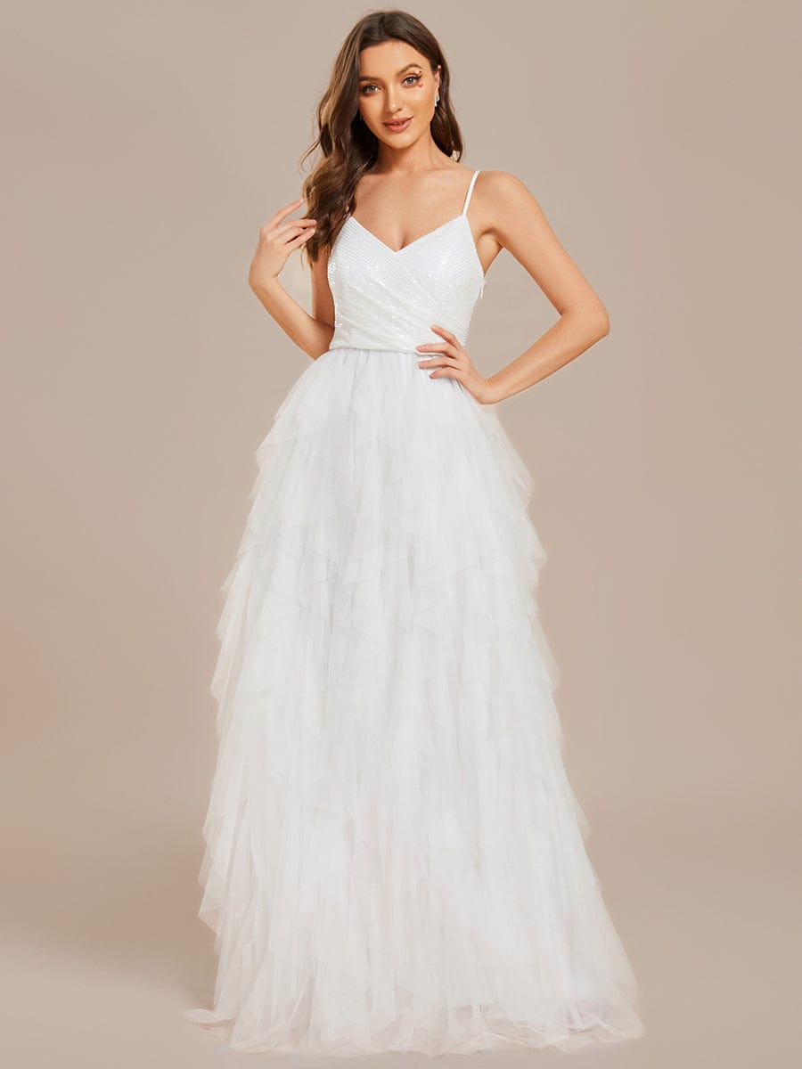 Sparkling V-Neck Spaghetti Straps Tulle Wedding Dress #color_White