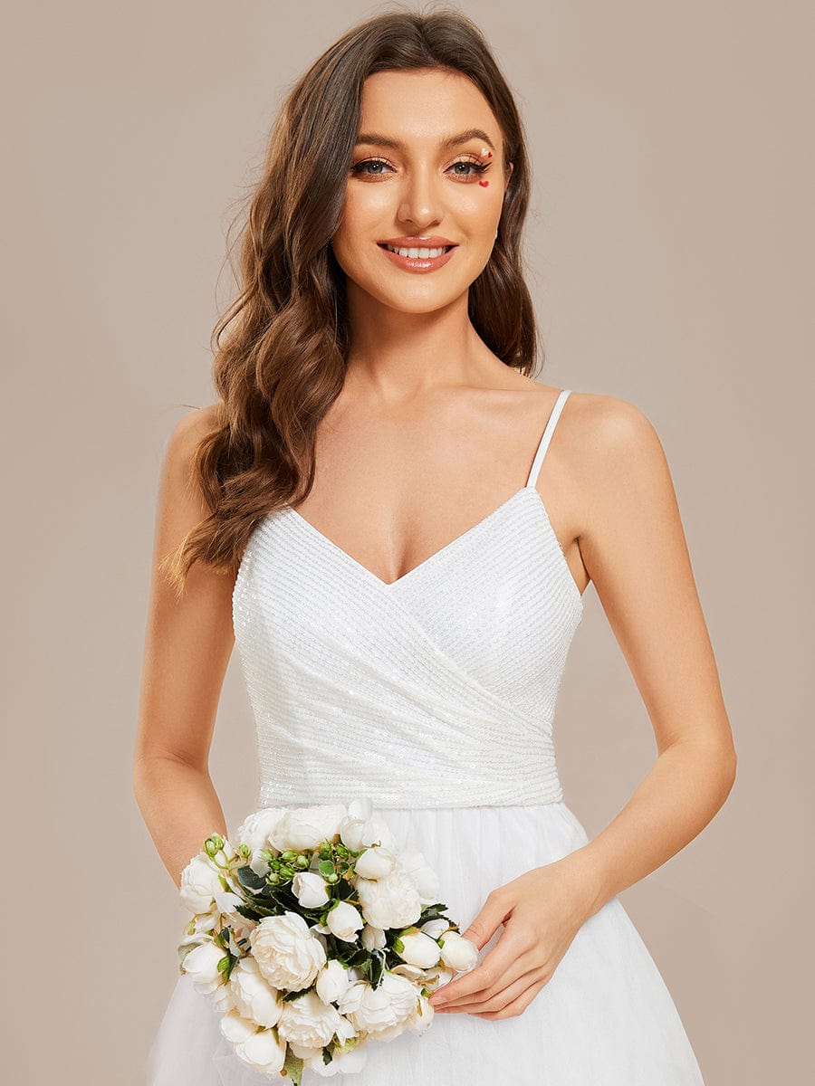 Sparkling V-Neck Spaghetti Straps Tulle Wedding Dress #color_White