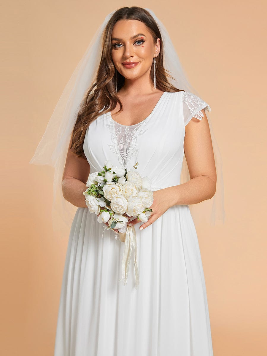 Plus-size V-Neck and Pleated Chiffon Wedding Dresses with Short Sleeves #color_White