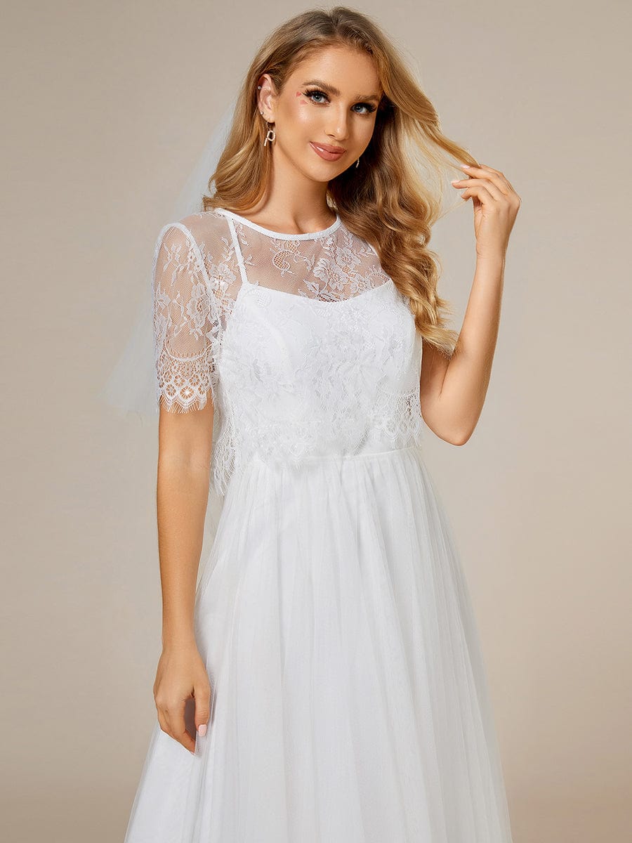 A-Line Spaghetti Strap Wedding Dress Paired with Lace Jacket #color_White