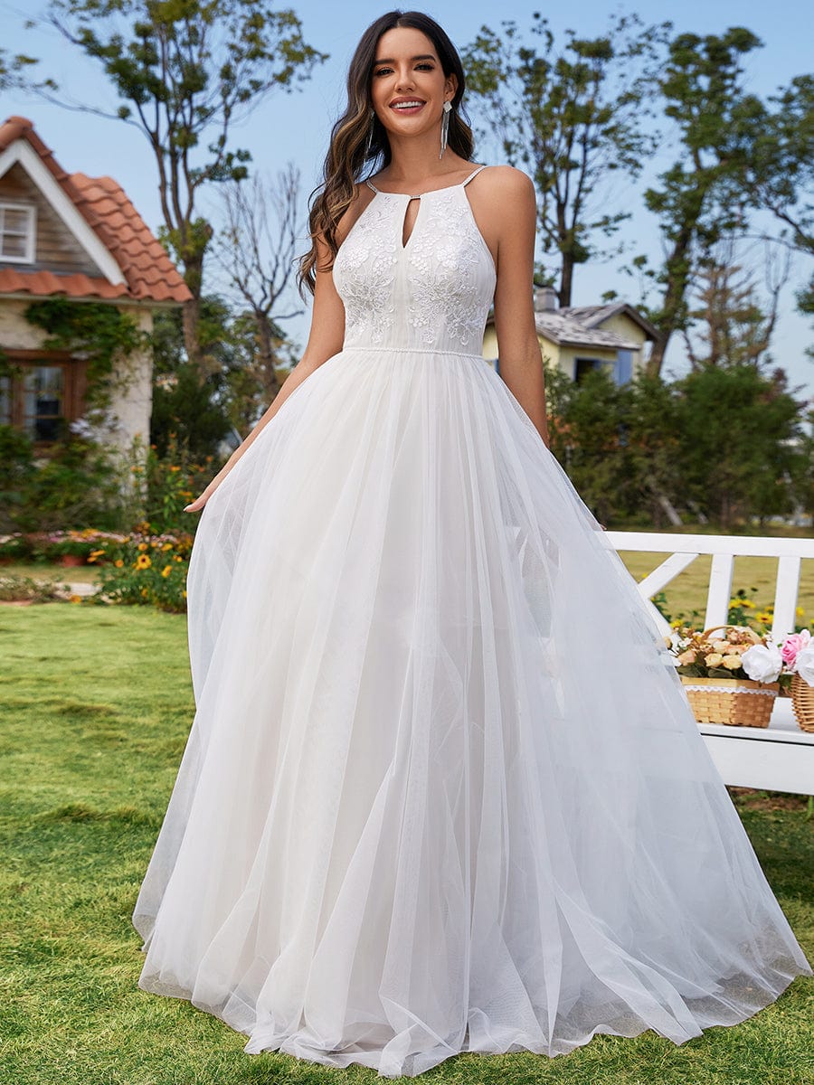 Halter Neck A-Line Tulle Wedding Dress with Applique #color_Ivory