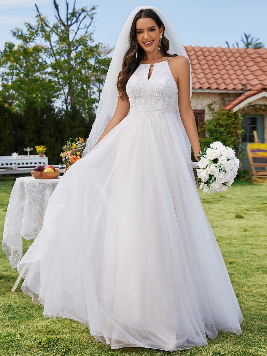 Halter Neck A-Line Tulle Wedding Dress with Applique #color_Ivory