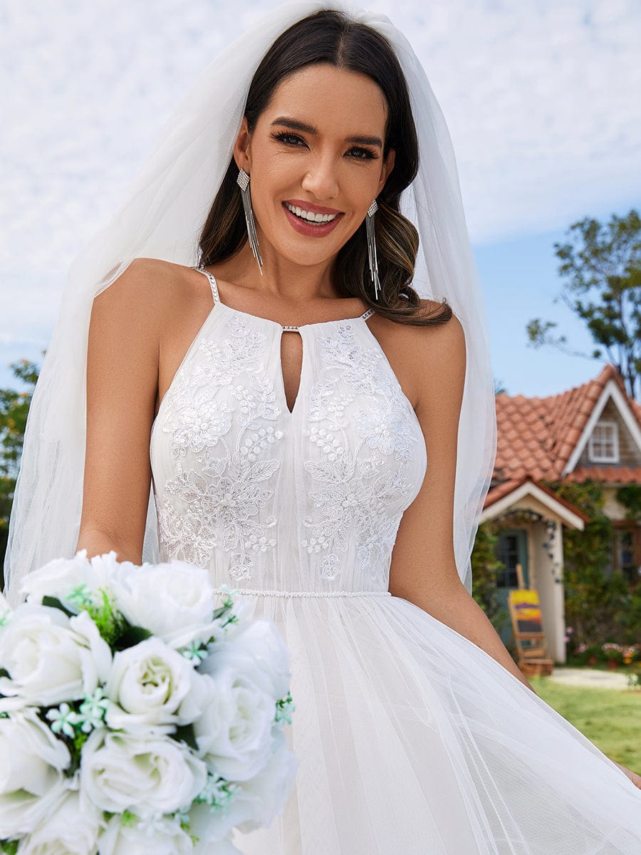 Halter Neck A-Line Tulle Wedding Dress with Applique #color_Ivory