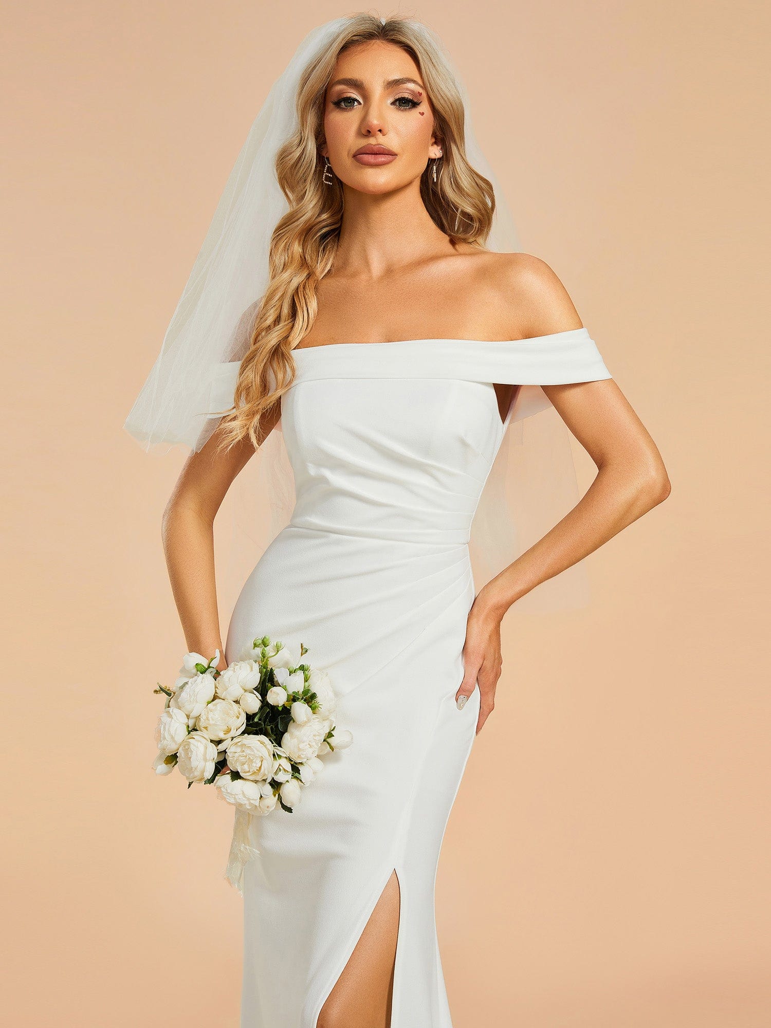 Off Shoulder Pleated Mermaid Wedding Dress with High Slit #color_White