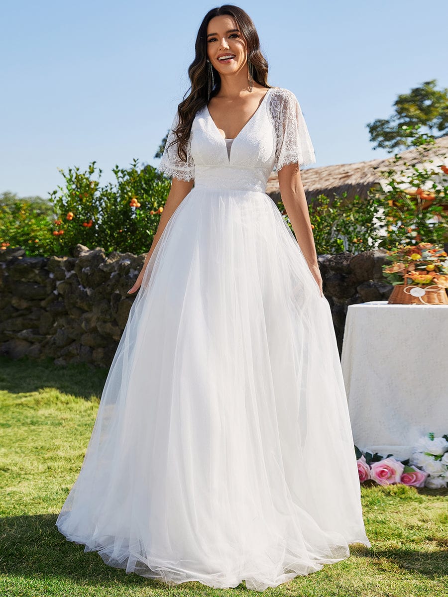 V-Neck Lace Tulle Wedding Dresses with Ruffled  Sleeves #color_White