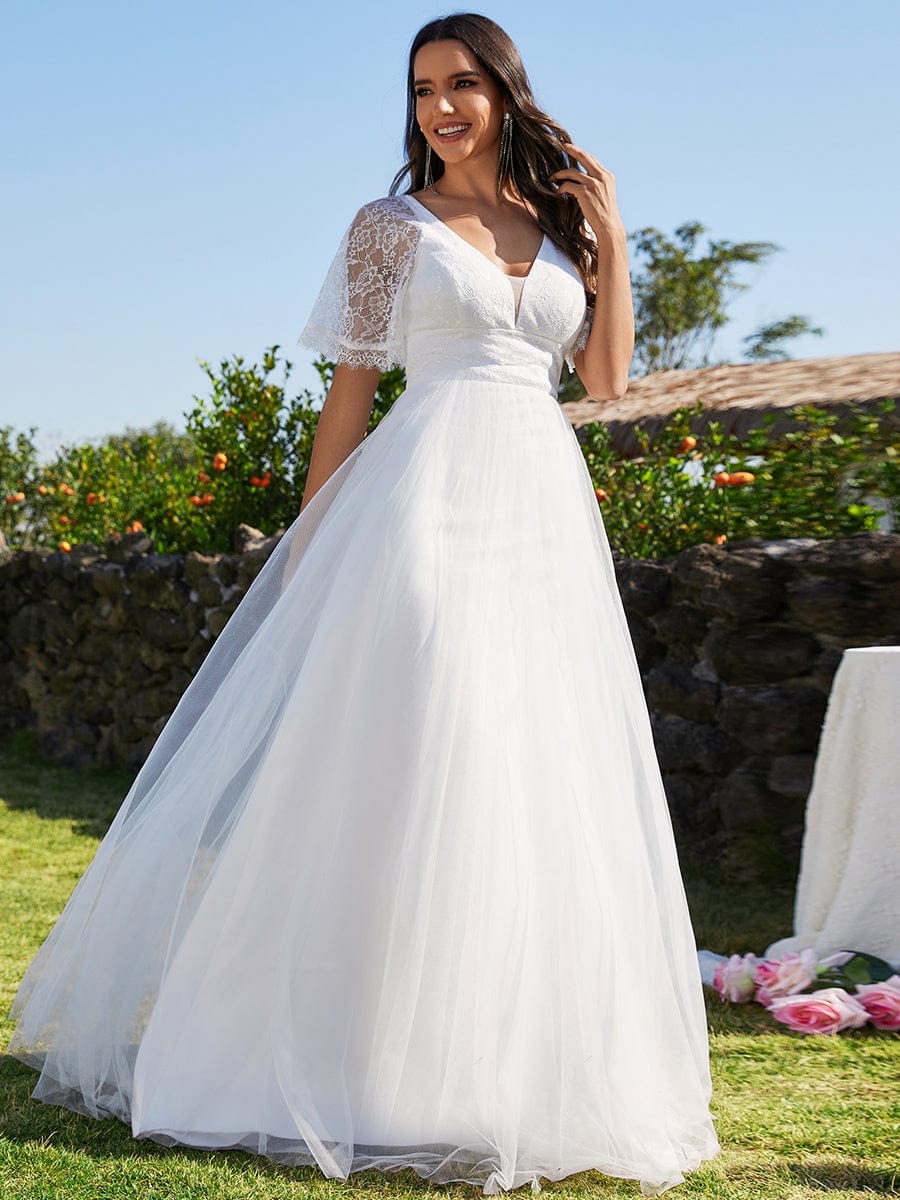 V-Neck Lace Tulle Wedding Dresses with Ruffled  Sleeves #color_White