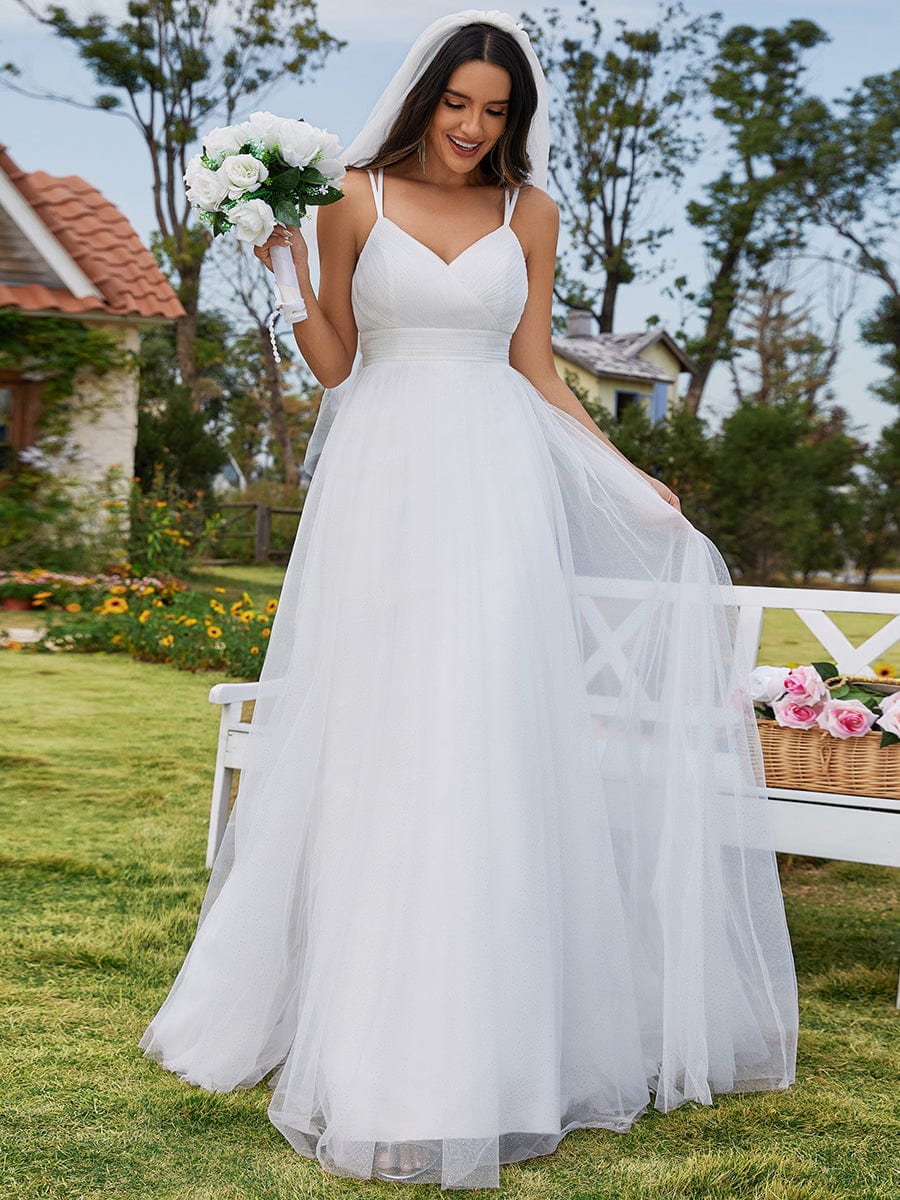 Butterfly Bow Back Spaghetti Strap A Line Wedding Dress with V Neck