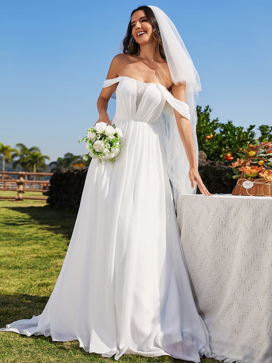 A-Line Chiffon Wedding Dresses featuring Off Shoulder Design #color_White