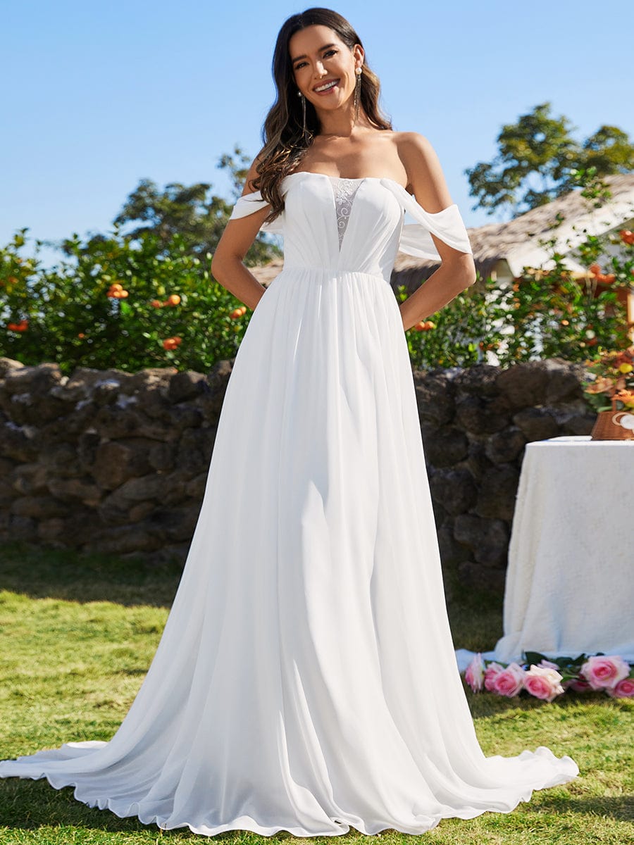 A-Line Chiffon Wedding Dresses featuring Off Shoulder Design #color_White