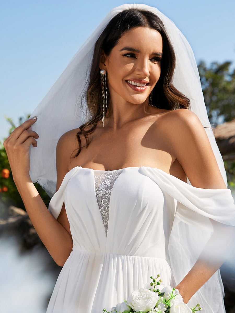 A-Line Chiffon Wedding Dresses featuring Off Shoulder Design #color_White