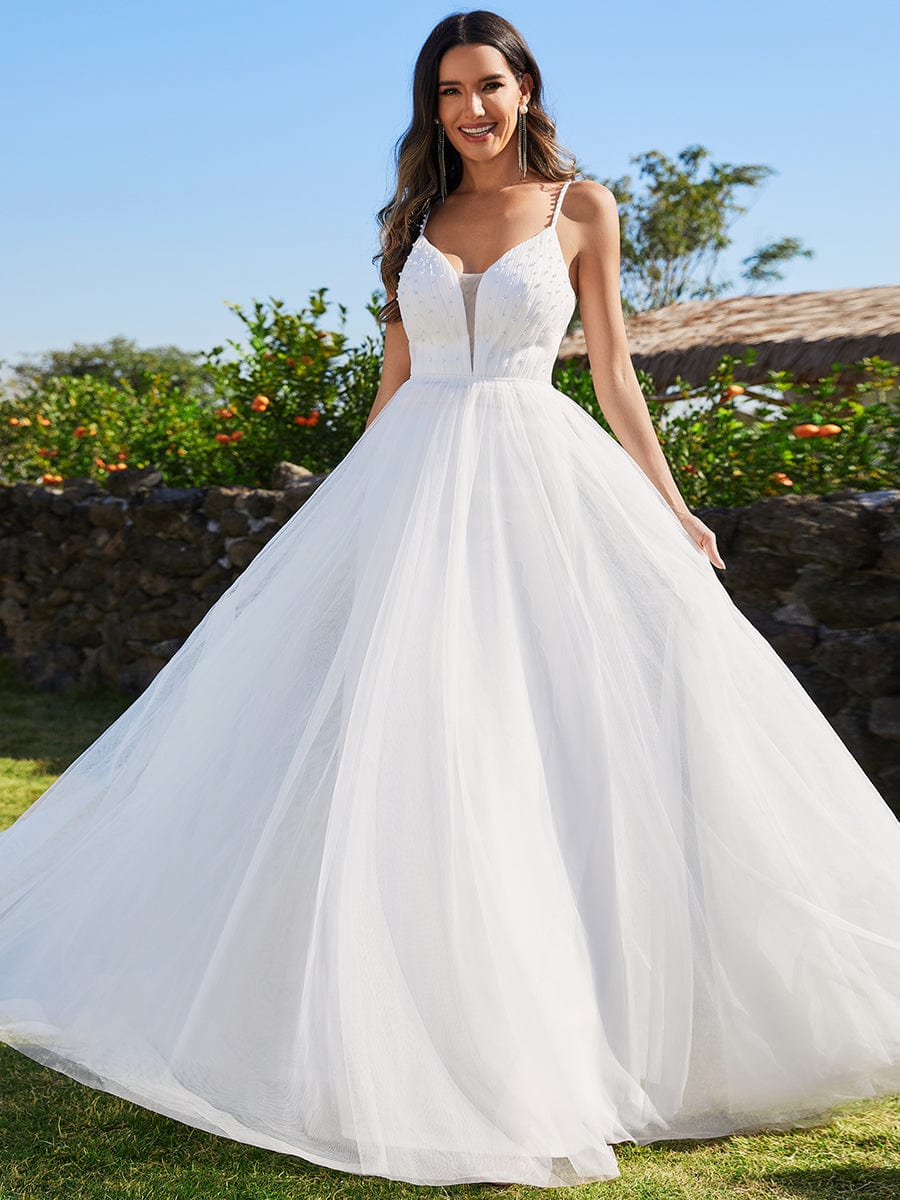 V-Neck Spaghetti Strap A-Line Wedding Dresses with Pearl Embellishments #color_White