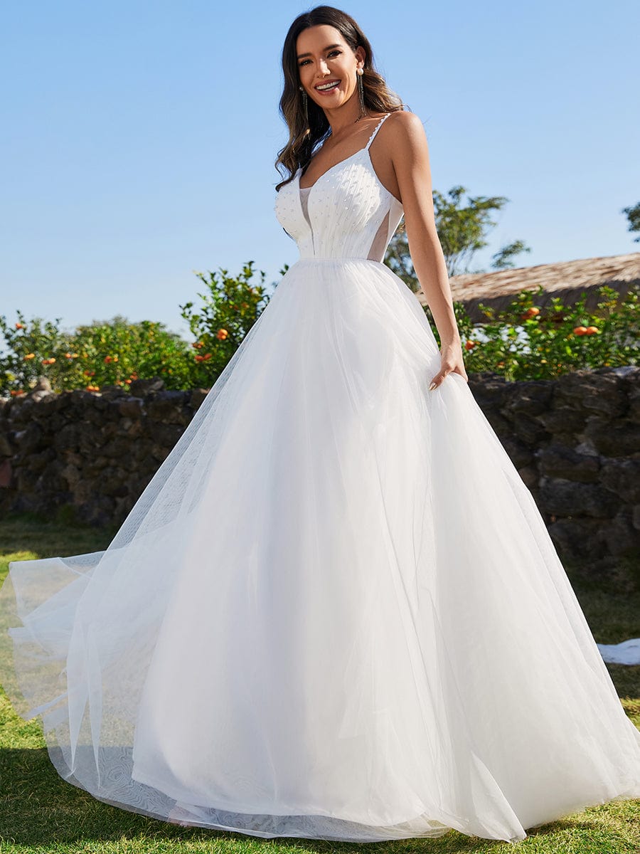 V-Neck Spaghetti Strap A-Line Wedding Dresses with Pearl Embellishments #color_White