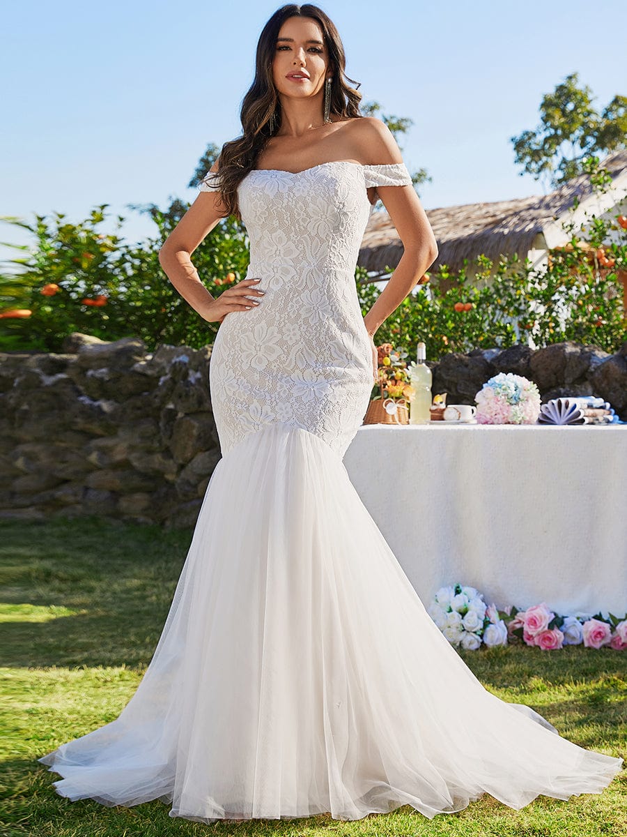 Off Shoulder Lace Mermaid Wedding Dress #color_Ivory