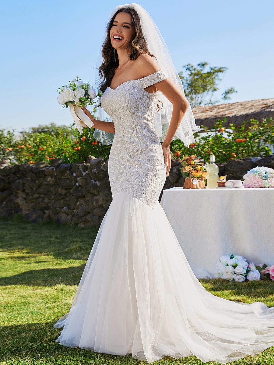 Off Shoulder Lace Mermaid Wedding Dress #color_Ivory