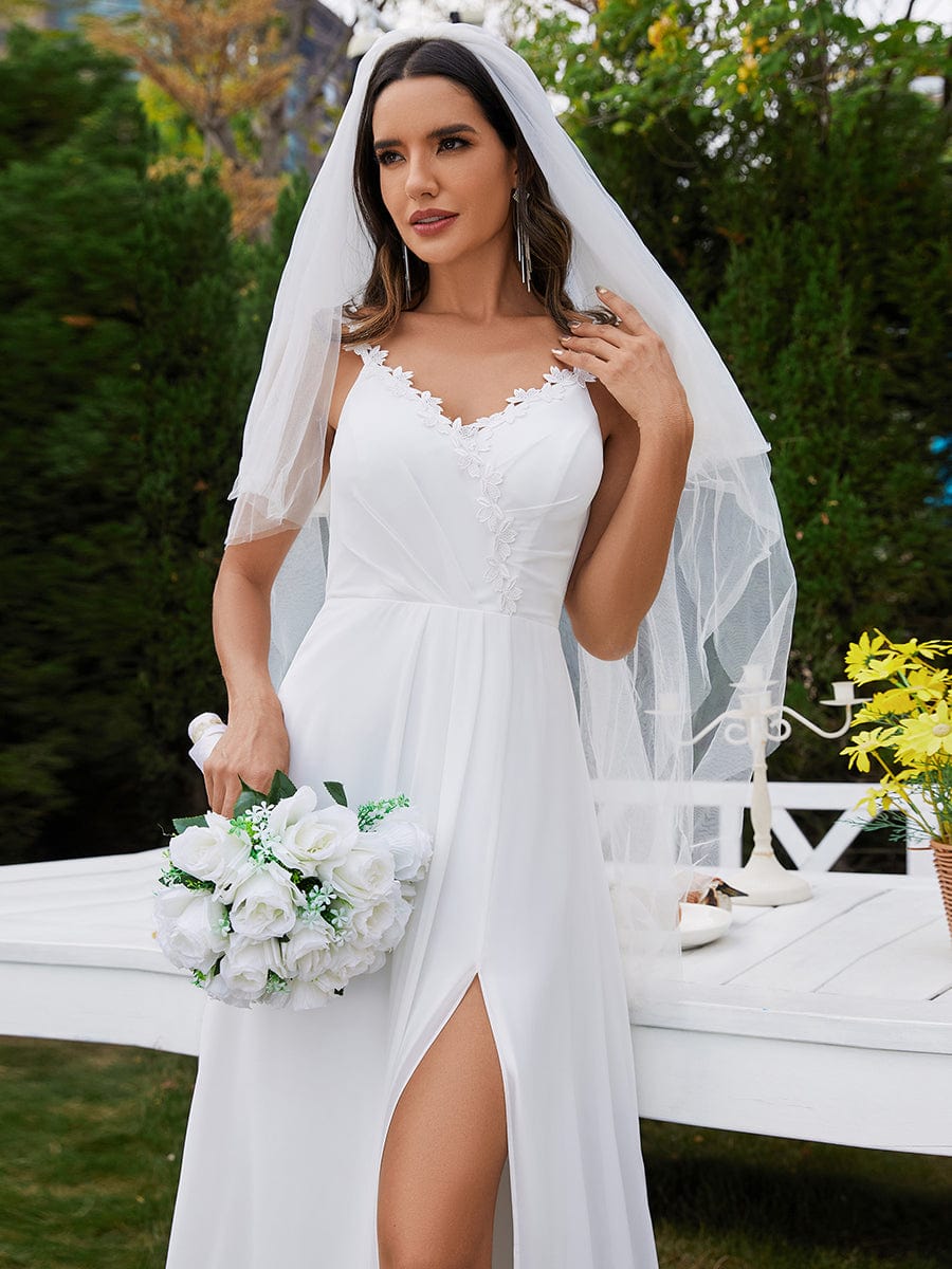 V-Neck Spaghetti Strap Chiffon High-Slit Wedding Dresses with Floral Print Straps #color_White