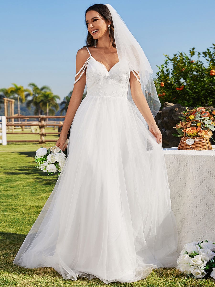 V-Neck Spaghetti Strap Embroidered Tulle A-Line Wedding Dresses #color_White