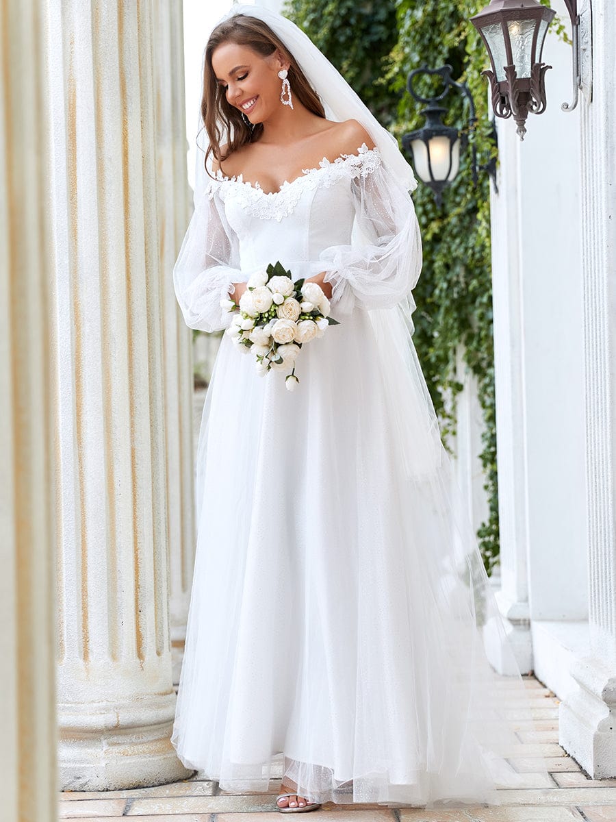Custom Size Long Sleeve Off Shoulder Applique Maxi Wedding Dress #color_Cream