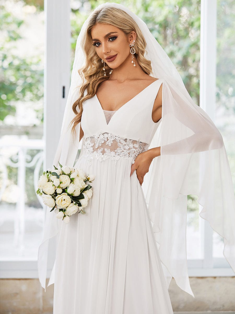 Deep V Neck Applique Long Split Wedding Dress #color_Cream