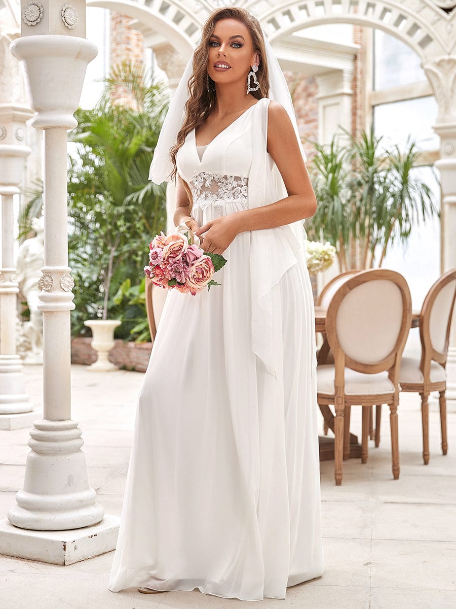 Custom Size Deep V Neck Applique Long Split  Wedding Dress #color_Cream