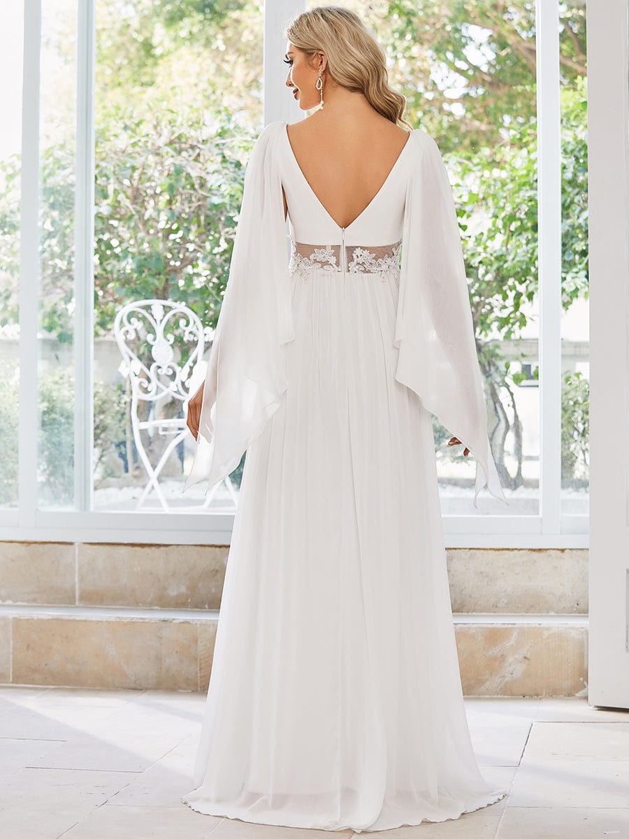 Deep V Neck Applique Long Split Wedding Dress #color_Cream