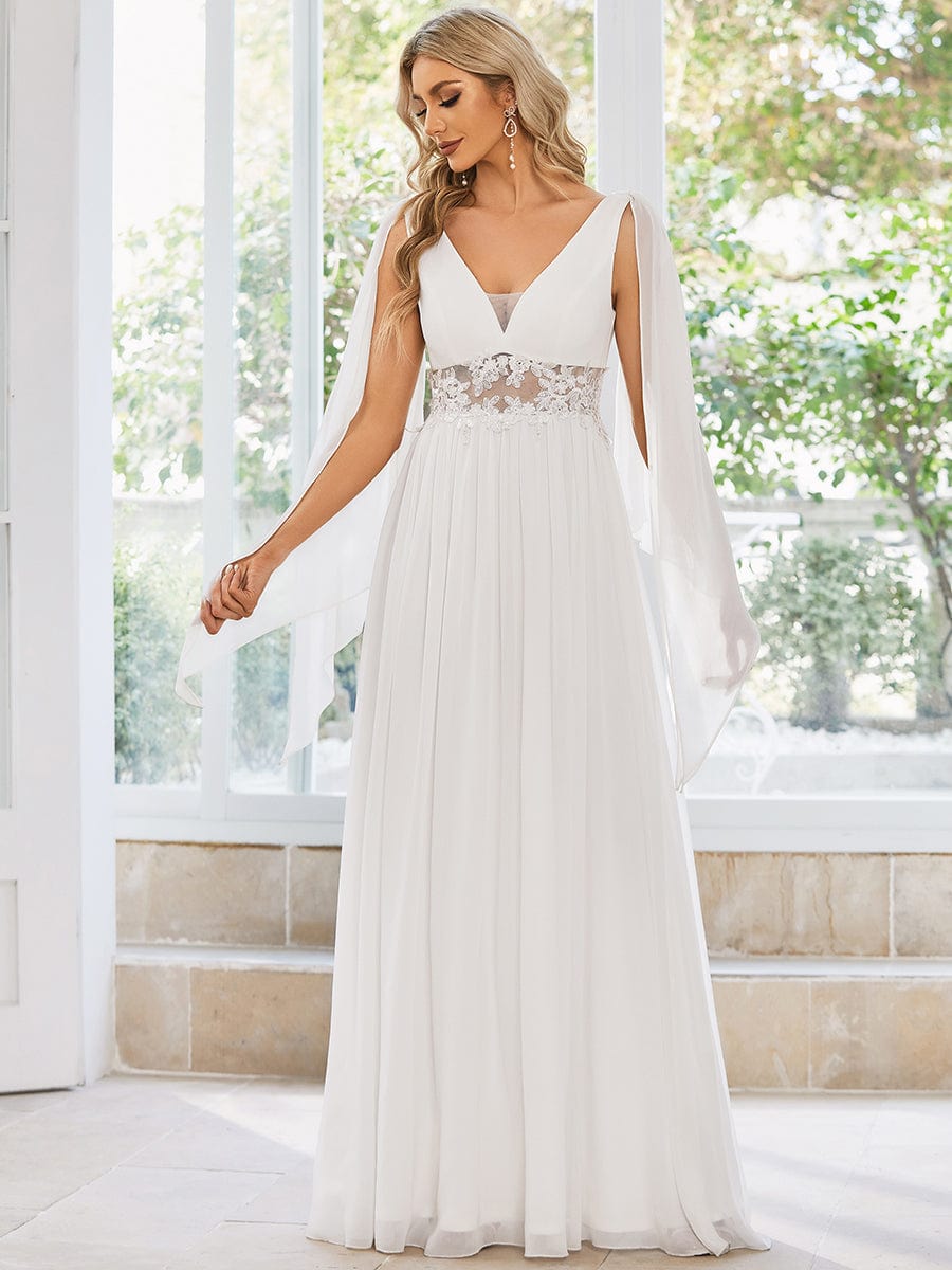 Deep V Neck Applique Long Split Wedding Dress #color_Cream