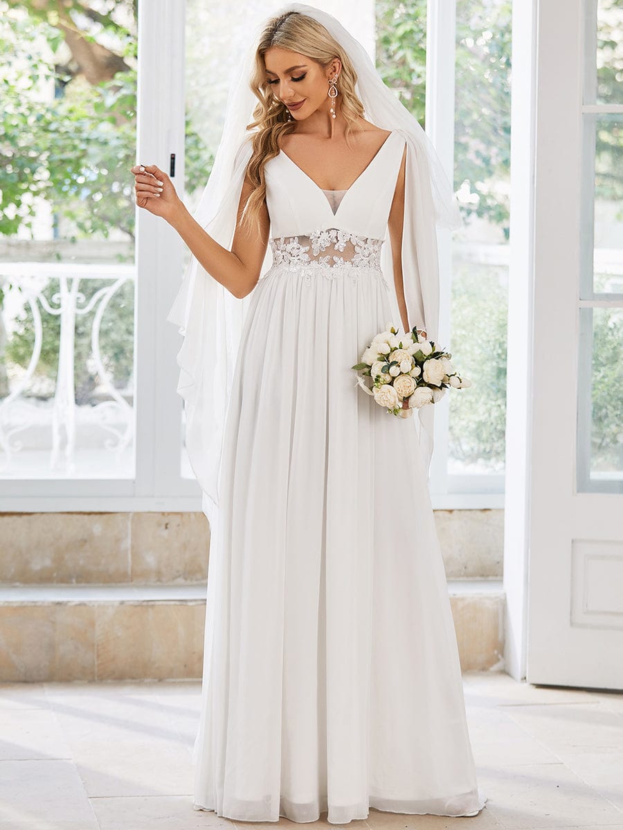 Deep V Neck Applique Long Split Wedding Dress #color_Cream