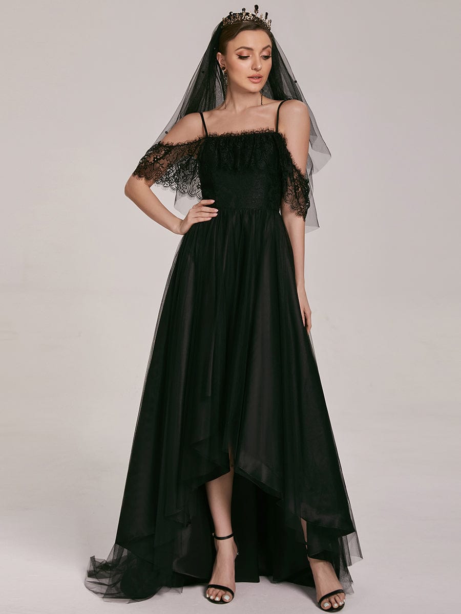 Maxi Long Spaghetti Straps High Low Lace Wedding Dress #color_Black