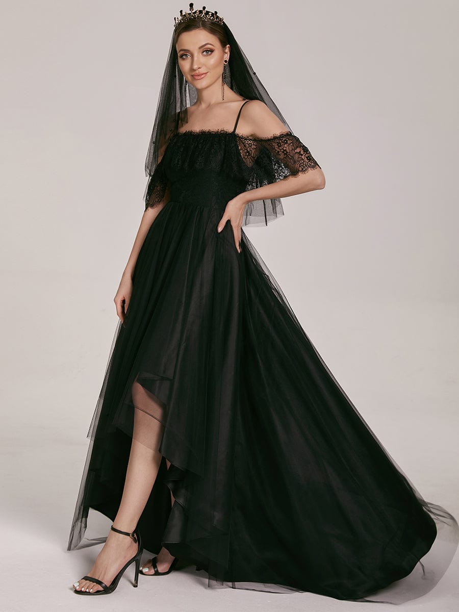 Maxi Long Spaghetti Straps High Low Lace Wedding Dress #color_Black