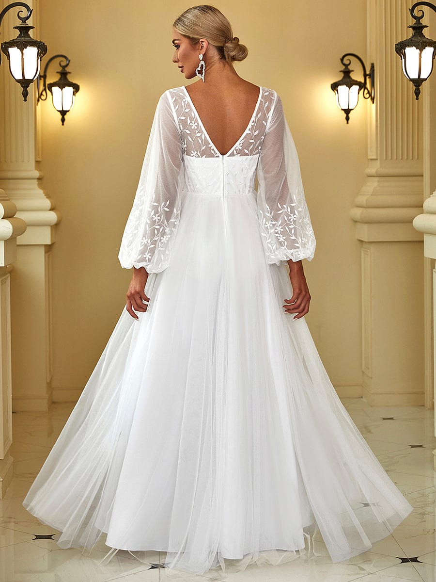 Embellished V Neckline Pleated Long Wedding Dress - Ever-Pretty UK