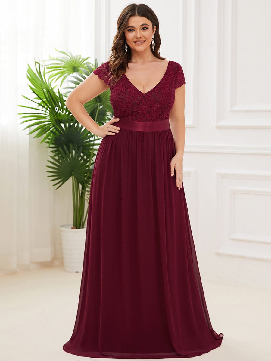 Lace Short Sleeve Maxi Mother of the Bride Dress #color_Burgundy