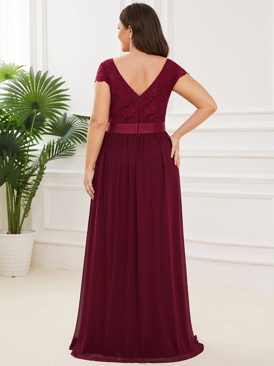 Lace Short Sleeve Maxi Mother of the Bride Dress #color_Burgundy