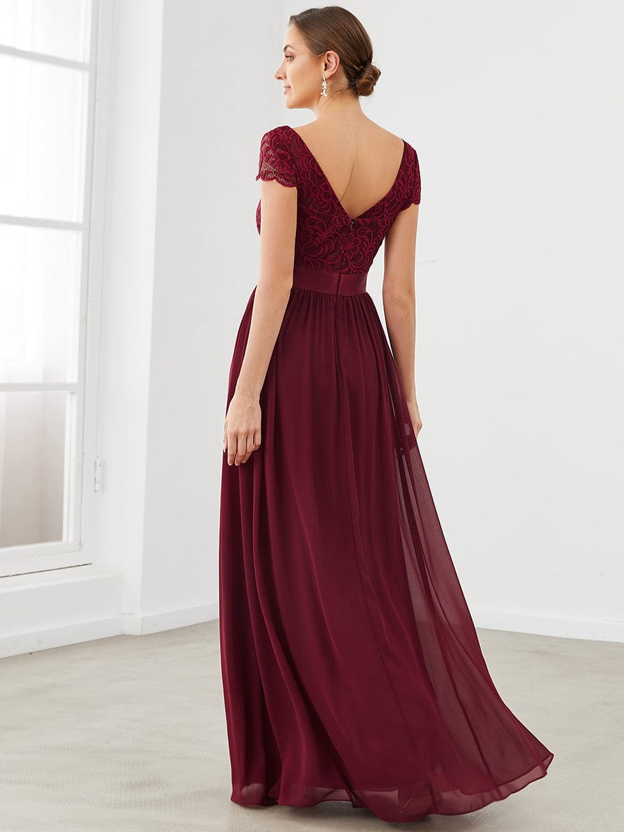 Lace Short Sleeve Maxi Mother of the Bride Dress #color_Burgundy