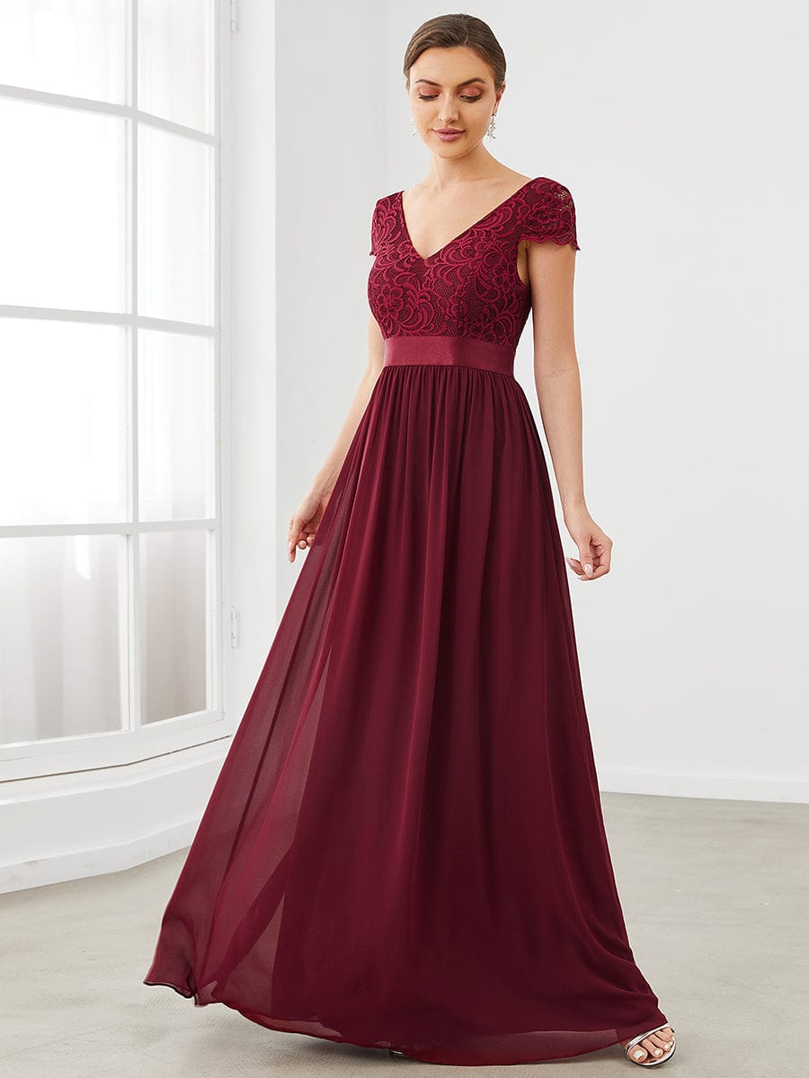 Lace Short Sleeve Maxi Mother of the Bride Dress #color_Burgundy