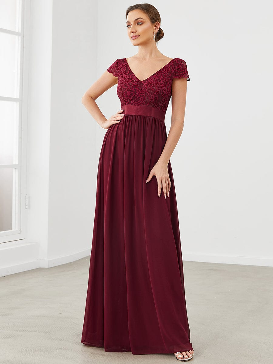 Lace Short Sleeve Maxi Mother of the Bride Dress #color_Burgundy