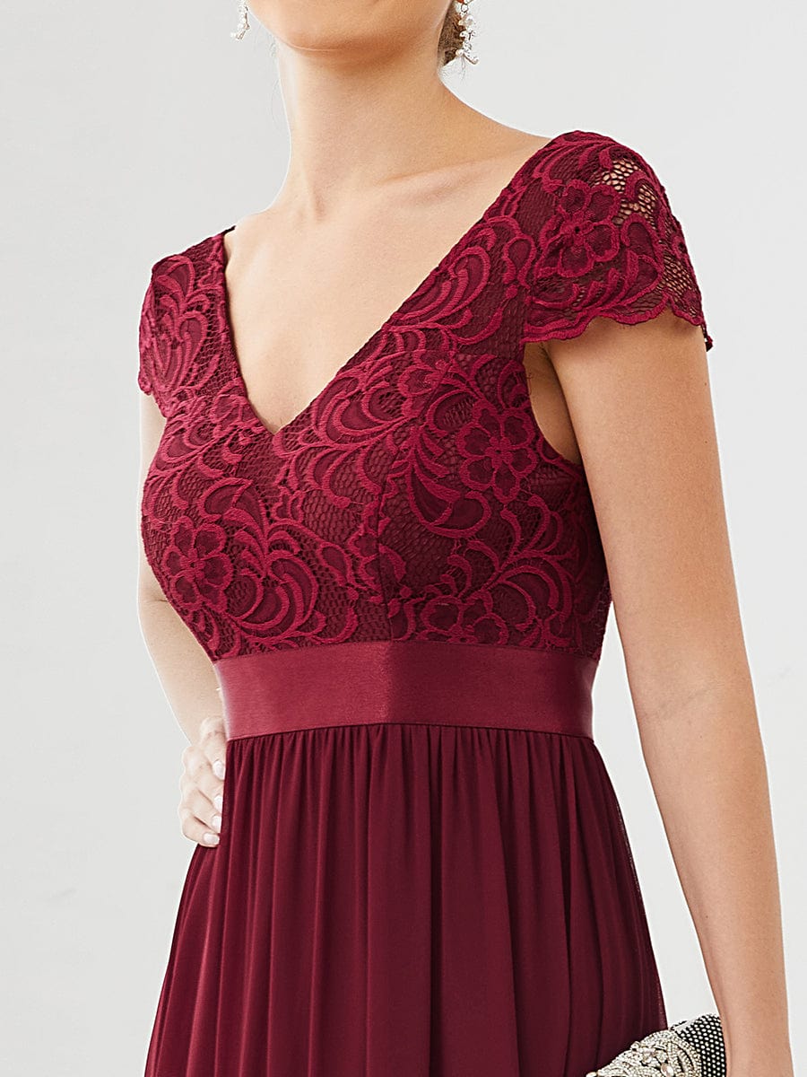 Lace Short Sleeve Maxi Mother of the Bride Dress #color_Burgundy