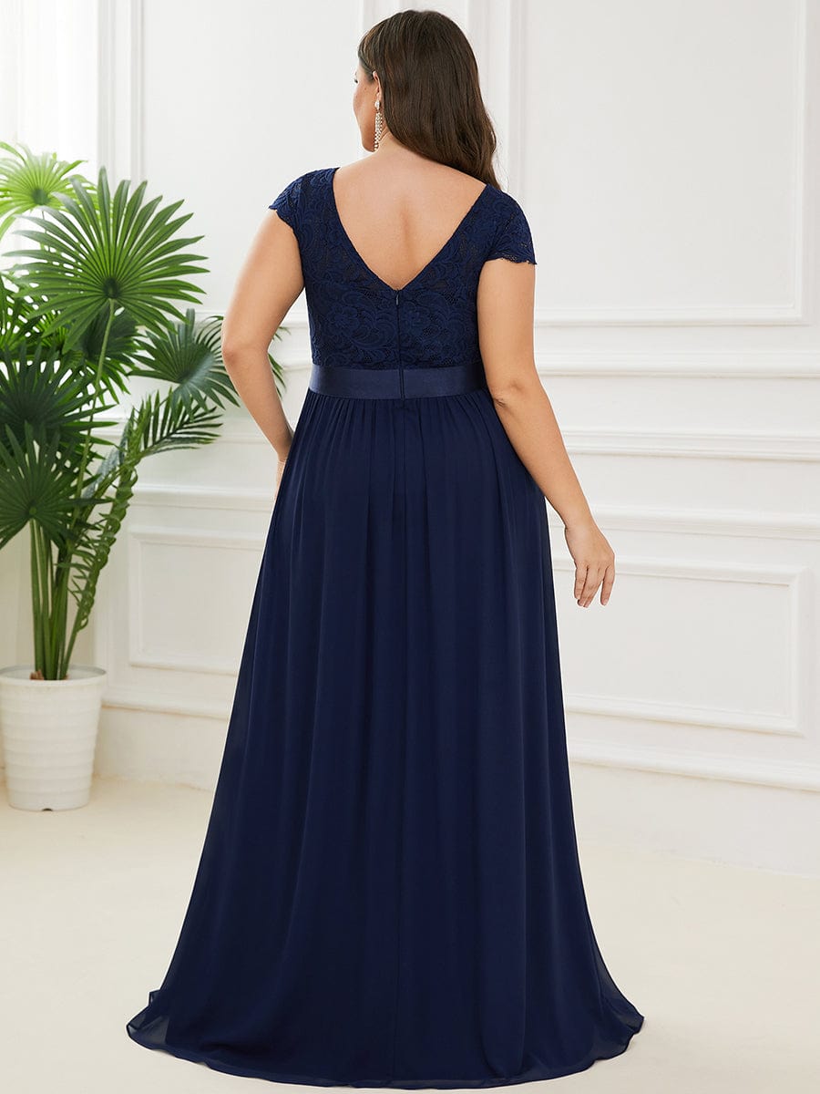 Lace Short Sleeve Maxi Mother of the Bride Dress #color_Navy Blue