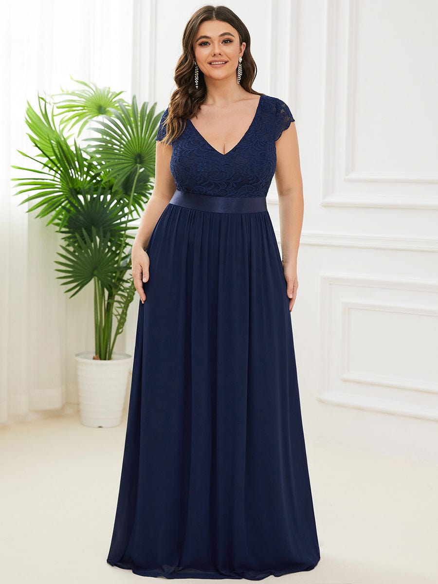 Lace Short Sleeve Maxi Mother of the Bride Dress #color_Navy Blue