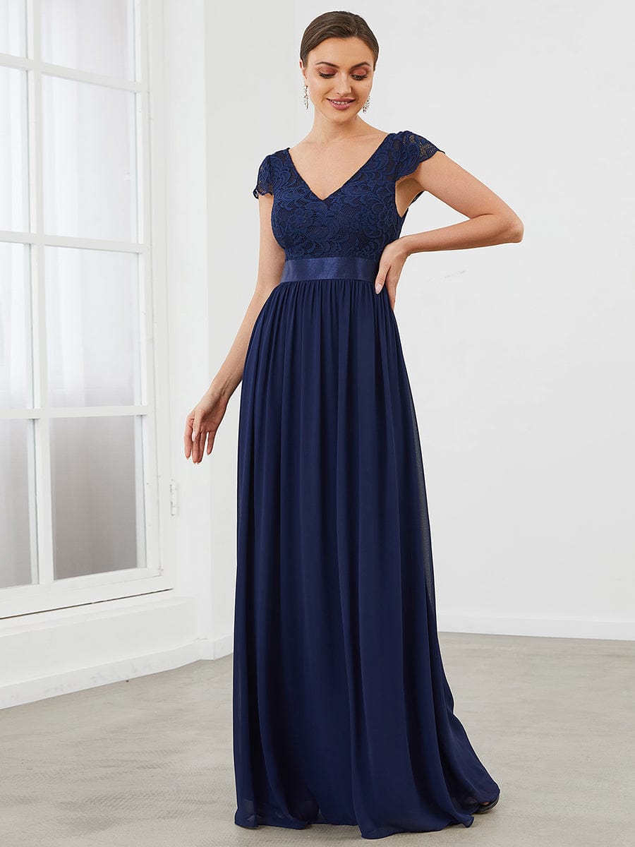 Lace Short Sleeve Maxi Mother of the Bride Dress #color_Navy Blue