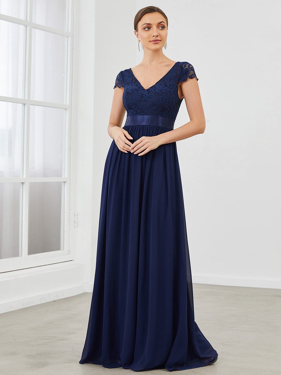 Lace Short Sleeve Maxi Mother of the Bride Dress #color_Navy Blue