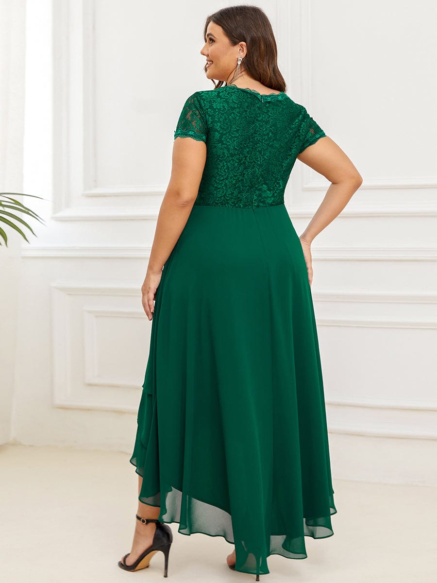 Plus Size Short Sleeve Vintage Ribbons High Low Mother of the Bride Gown #color_Dark Green