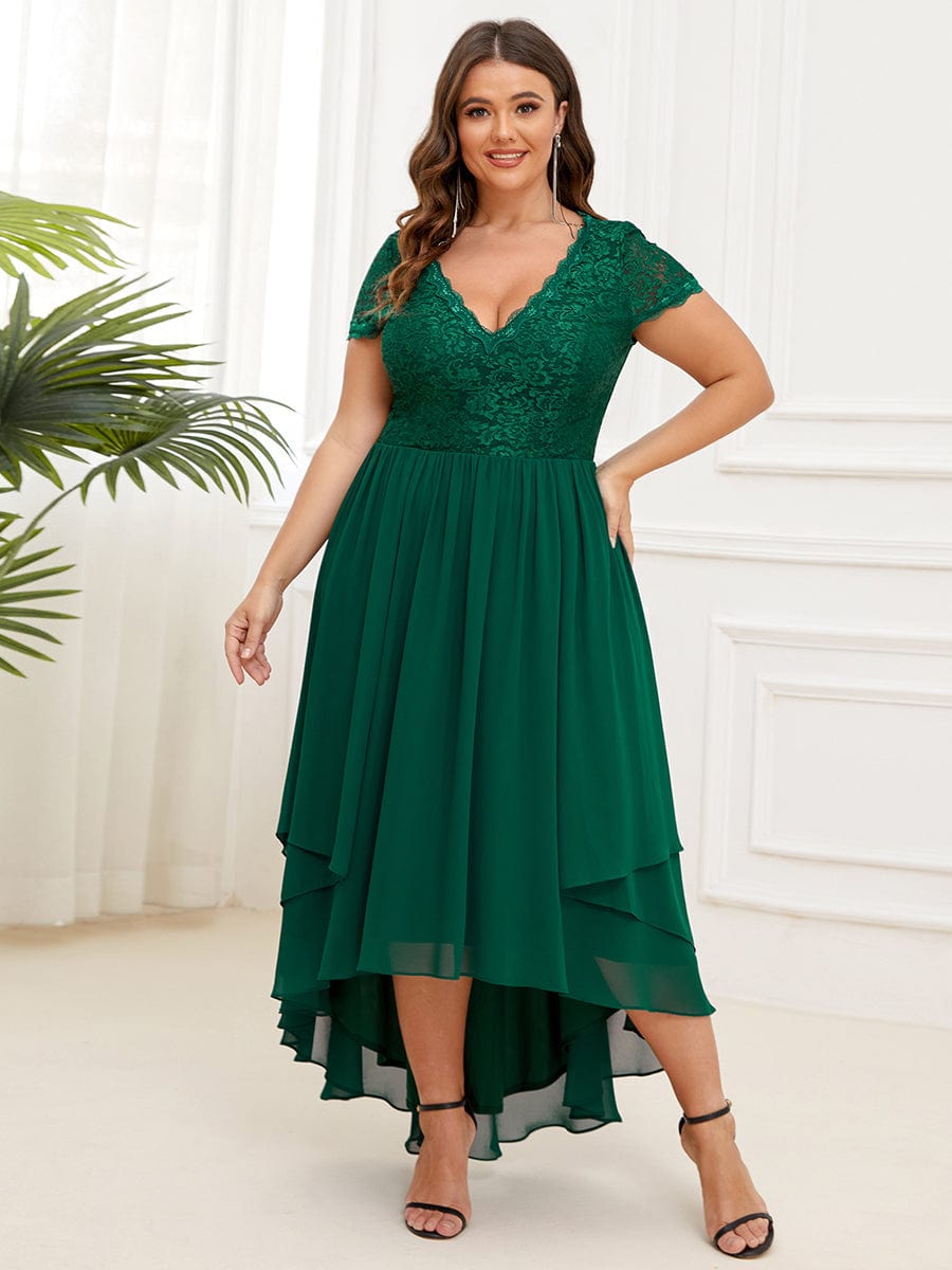 Plus Size Short Sleeve Vintage Ribbons High Low Mother of the Bride Gown #color_Dark Green