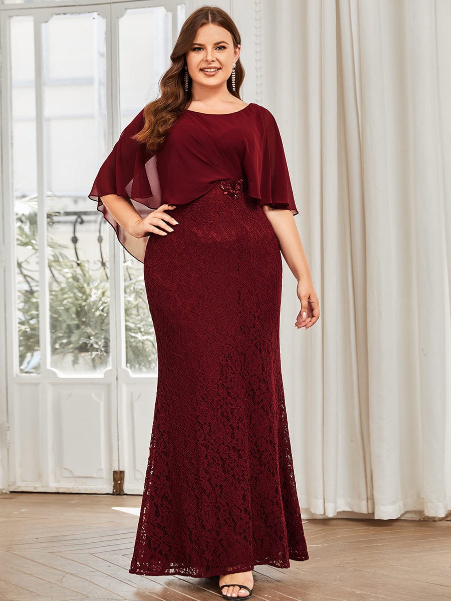 Plus Size Elegant Lace Fitted and Flared Maxi Mother of the Bride Dress #color_Burgundy