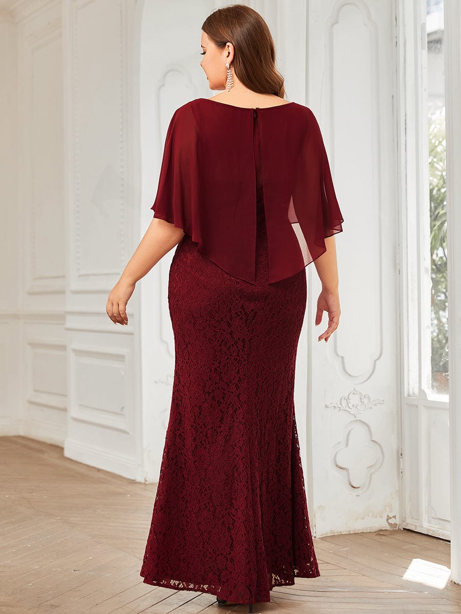 Elegant Capelet Lace Fit and Flare Mother of the Bride Dress #color_Burgundy